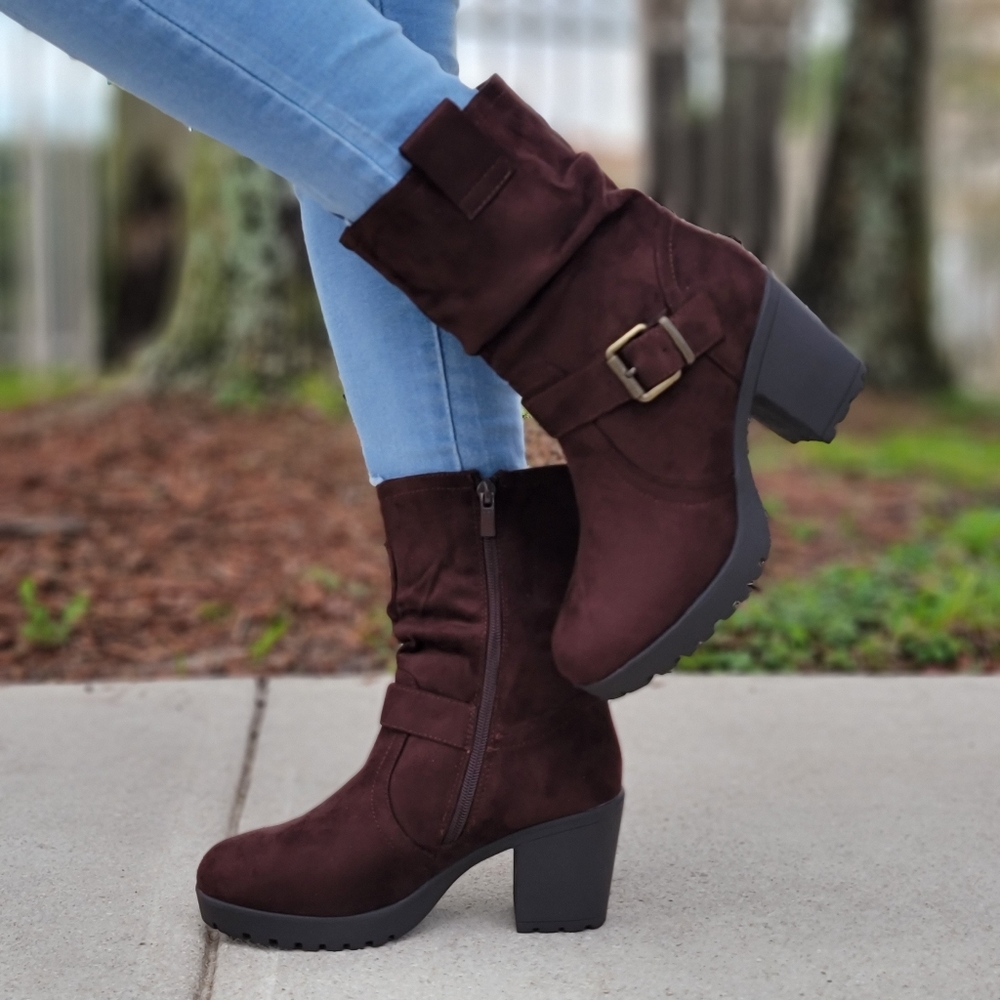 Women's Brown Chelsea Chunky Block High Heel Above Ankle Boots - Picture 5 of 6